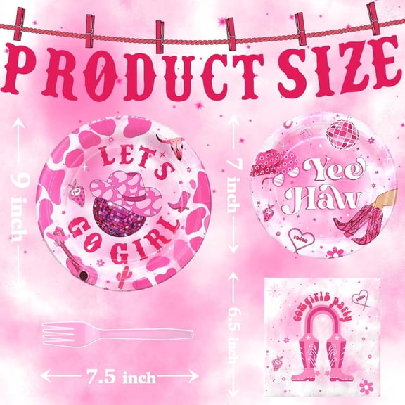 YNTVV-Pink Cowgirl Party Supplies Serves 20 - Nashville Bachelorette Party Decorations, Pink Disco Western Birthday Theme Tableware Set with Plates, Napkins and Forks