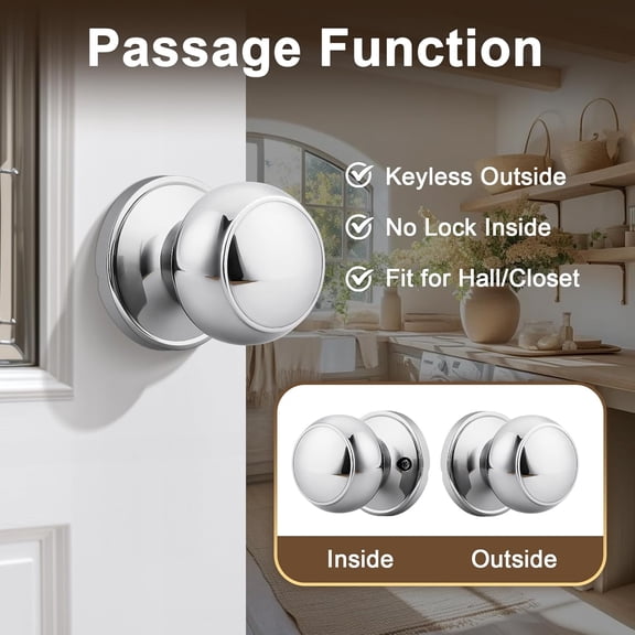 YNTVV-Polished Chrome Door Knob, Closet/Hall Door Handle, Interior Passage Door Knobset, 1 Pack