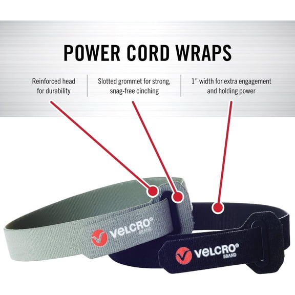 YNTVV-Power Cord Wraps | 24 Inch Extra Long Heavy Duty Straps for Extension Cords, Hoses, Garage Organization | 2-pack | Reinforced Head with Slotted Grommet | Black and Gray