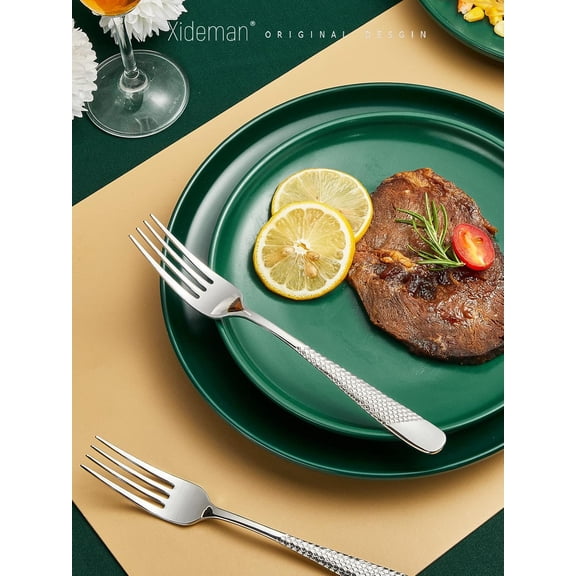 YNTVV- Premium Hammered Dinner Forks Set (8.1 inch), 18/10 Stainless Steel Forks Silverware, 6-Piece Metal Forks for Home Kitchen Restaurant. Mirror Polished & Dishwasher Safe