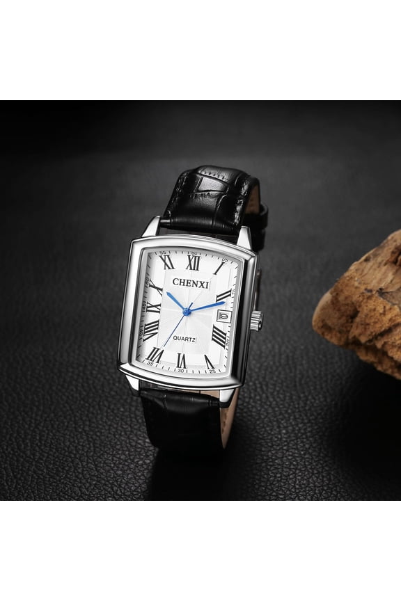 -Retro Vintage Men Square Quartz Analog Watch Silver Tone Case Black Leather Strap Business Casual Dress Wrist Watch