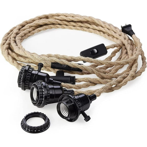 YNTVV-Rope Pendant Light Cord Kit with Plug & Switch - Triple Sockets, 29 FT, Vintage (Bulb not Included)