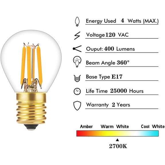 YNTVV--S11 LED Bulb Filament Mini Globe Light Bulbs 4W Equivalent to 40 Watt Incandescent - E17 Intermediate Base 2700K Warm White for Cabinet, Closet, Exit Sign Light Bulb - 4Pack