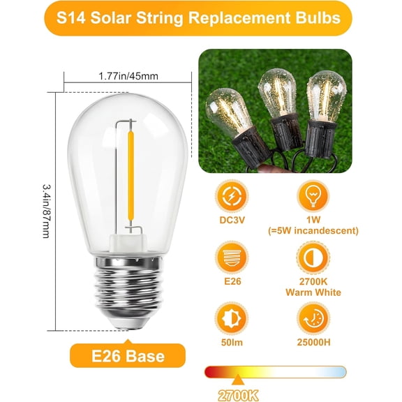 YNTVV-S14 LED Solar Replacement Bulbs,1W Equal to 5W,DC 3V Plastic E26 Screw Base Shatterproof & Waterproof Globe Bulbs Light for Outdoor String Lights,Patio Cafe Bistro Decor, 2700K Warm White,15 Pa