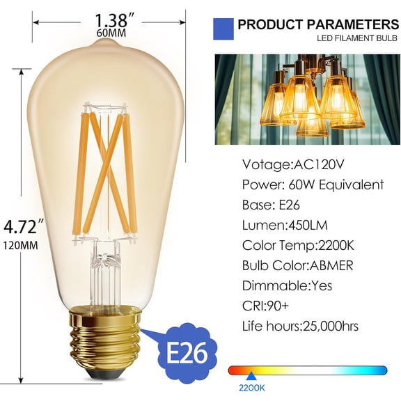 YNTVV-ST19 Filament Amber Glow Vintage Edison Light Bulb Filament Bulb 5W with Amber Glass, 90+ High CRI, Dimmable 2200K Amber White, E26 Medium Base, UL Listed