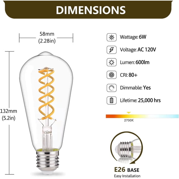 YNTVV-ST58 (ST19) LED Edison Bulbs 60 Watt Equivalent, CRI 80+, High Brightness Soft White 2700K Clear Glass, Dimmable Antique LED Filament Bulbs, E26 Medium Base, 6 Pack