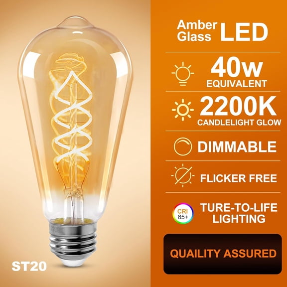 YNTVV-ST64 LED E26 Vintage Edison Light Bulbs, Amber Glass, Dimmable, 4W(40W Equivalent) 300 Lumens, 2200K Ultra Warm White, Spiral Filaments Design, Antique Style, 25000 Hrs, 3-Pack