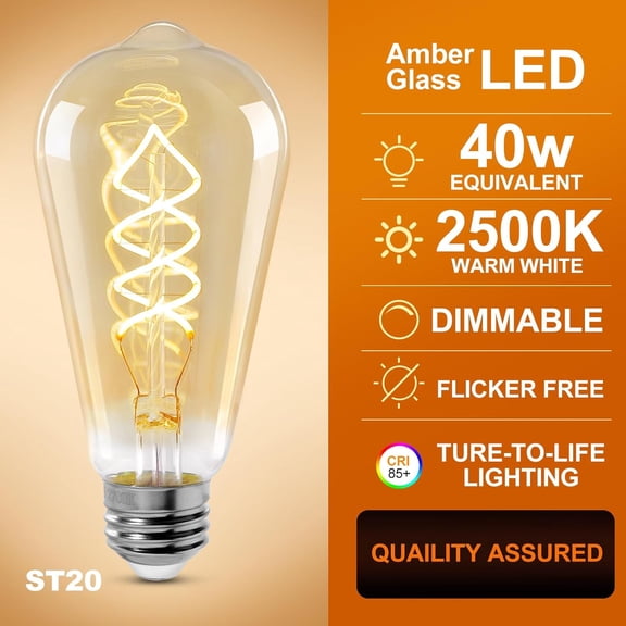 YNTVV-ST64 LED E26 Vintage Edison Light Bulbs, Light Amber Glass, Dimmable, 4W(40W Equivalent) 300 Lumens, 2500K Warm White, Spiral Filaments Design, Antique Style, 25000 Hrs, 3-Pack