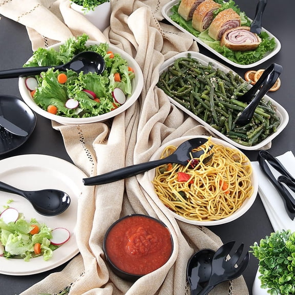 YNTVV-Set of 18 - Heavy Duty Disposable Plastic Serving Utensils, Six 10 Spoons and Forks, Six 6-1/2 Tongs, Black