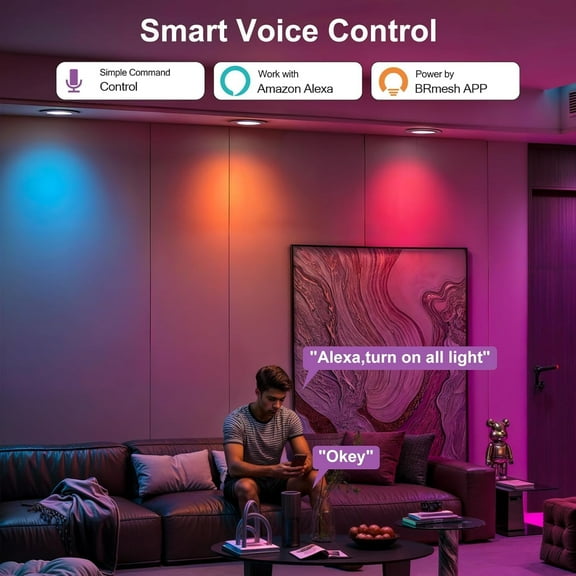 YNTVV-Smart Recessed Lighting 4 Inch RGBCW Color Changing 12W LED Recessed Ceiling Lights with Junction Box,1080LM Canless Downlight Compatible with Alexa,Dimmable by Bluetooth Control (1 Pack)