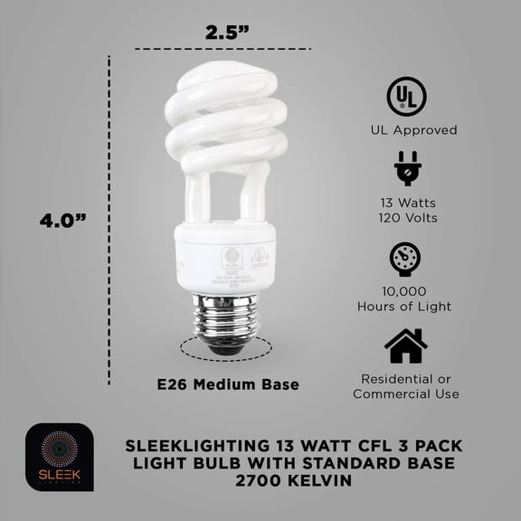 YNTVV-Spiral Light Bulb - E26 Base CFL Bulb - CFL Light Bulbs 13 Watt- 3 Pack, 2700 Kelvin for Warm White and 800 Lumens - (65 Watt Incandescent Light Bulb Equivalent) - UL Listed