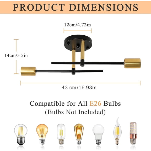 YNTVV-Sputnik Light Fixture, 2 Lights Sputnik Chandelier Semi Flush Mount Ceiling Light Fixture for Bedroom, Dining Room, Bathroom, Hallway, Living Room