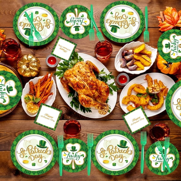 YNTVV-St Patricks Day Party Supplies for 24 Guests, 96 PCS Paper Plates and Napkins with Forks, Heavy Duty 10" Dinner (Larger Than 9") & 7" Dessert Plates for Shamrock Party Disposable Tableware