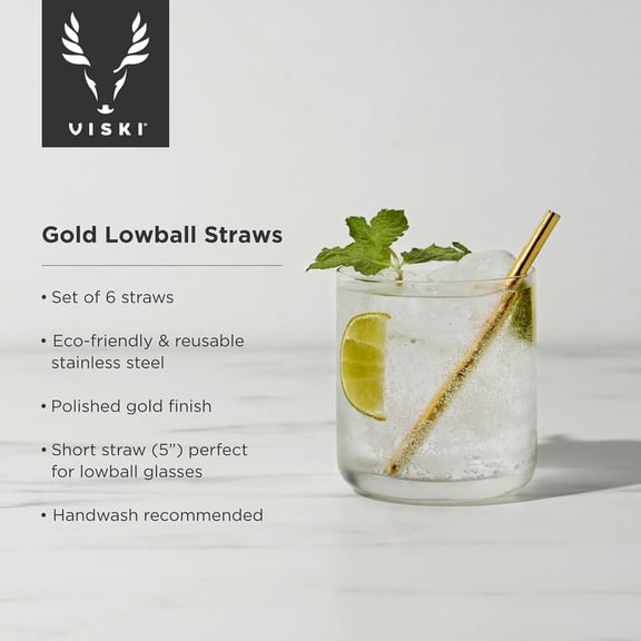 YNTVV-Stainless Steel Straws with Gold Finish, Reusable Short Metal Straw Perfect for Lowball Glass Cocktails, Whiskey Drinks, Home Bar Accessories, 5 Inch, Set of 6