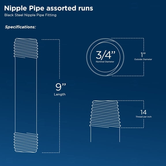 YNTVV-SupplyGiant 3/4 x 9 Inch Steel Black Pipe (4-Pack), Heavy Duty Industrial Malleable Steel Pipes, 3/4" x 9" Pre Cut Threaded Nipple Connector For All DIY Furniture And Black Pipe Shelving