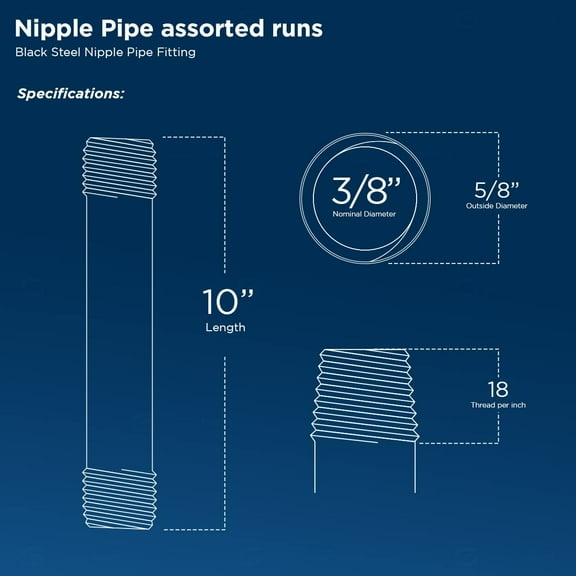 YNTVV-SupplyGiant 3/8 x 10 Inch Black Steel Pipe (4-Pack), Heavy Duty Industrial Malleable Iron Pipes, Pre Cut Threaded Nipple Great For All DIY Furniture And Black Pipe Shelving