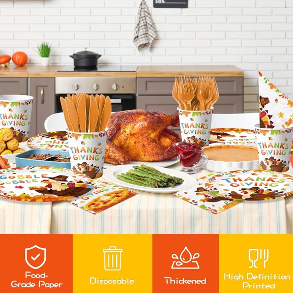 YNTVV-Thanksgiving Turkey Party Tableware Decorations Happy Thanksgiving Day Gobble Turkey Pie Disposable Paper Plates,Napkins,Cups,Forks and Knifes,Serve 24 for Autumn Themed Party Supplies Kit