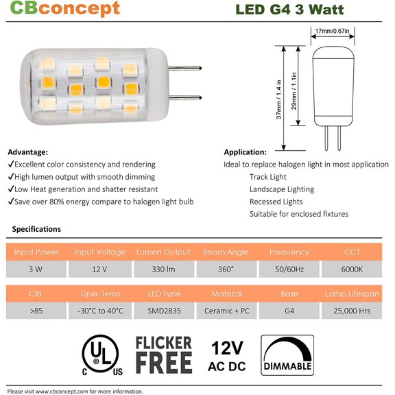 YNTVV-UL Listed, G4 LED Light Bulb, 5 Pack, 3 Watt, Dimmable, 330 Lumen, Pure White 6000K, 360 degree Beam Angle, 12 Volt, 35W Equivalent, JC BiPin G4 Halogen Replacement Bulb
