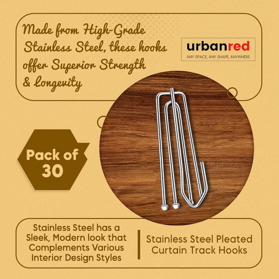 YNTVV-Urbanred 30 Pcs Pinch Pleat Curtain Hooks for Drapes, 4 Prongs Stainless Steel Pleated Tape Curtain Drapery Hooks/Clips/Pin/Clamp, Traverse Pleater Curtain Hanger, Curtain Pin Hooks (Pack of 2)