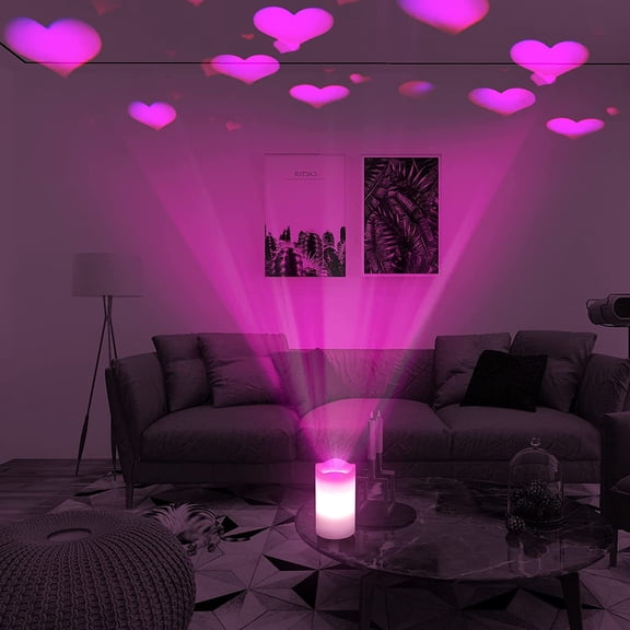 YNTVV-Valentines Day Decorations Flameless Candles with Romantic Pink Heart Projector Lights Battery Operated LED Candle with Remote and Timer