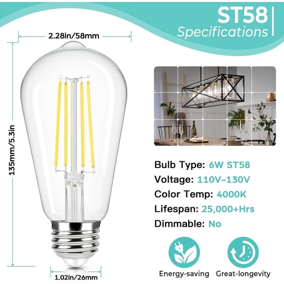 YNTVV-Vintage LED Edison Bulbs 60 Watt Equivalent, 6W ST58 Super Bright 4000K Neutral Daylight White, Clear Glass Style 700Lumens Antique LED Filament Bulbs, E26 Base, Non-dimmable, 4 Packs