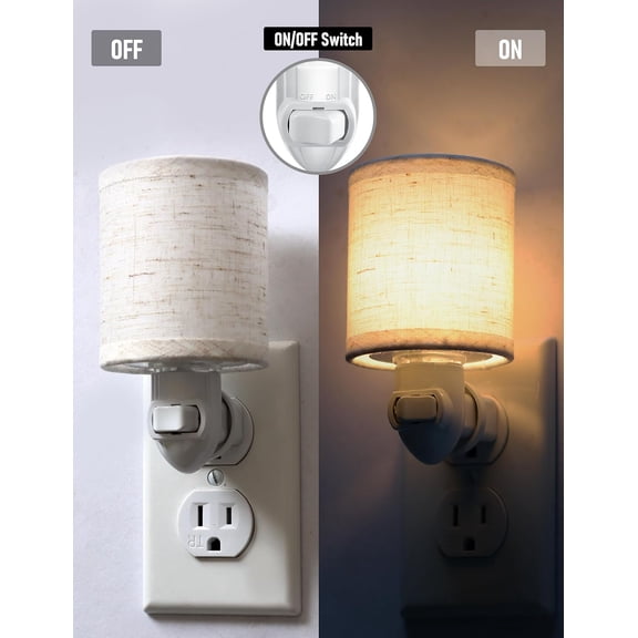 YNTVV-Vintage Plug in Night Light with On Off Switch, 2-Pack Replaceable Blub LED Night Lights Plug into Wall Socket, Bright Nightlight with Linen Fabric Lamp Shade for Adult Bedroom Bathroom Hallway