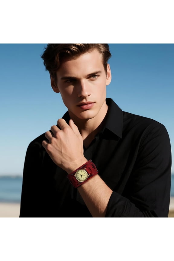 -Vintage Punk Leather Watch for Men: Retro Steampunk Hip-Hop Wide Band Cuff Quartz Analog Bracelet Watches Halloween Wristwatch