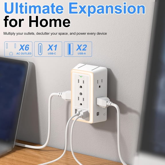 YNTVV-Wall Outlet Extender with USB Charging Ports 9 in 1 Plug Extension Block Multiple AC Outlets Splitter Power Hub Wall Tap 1500J Surge Protection Night Light Dusk to Dawn Sensor Switch ETL Listed