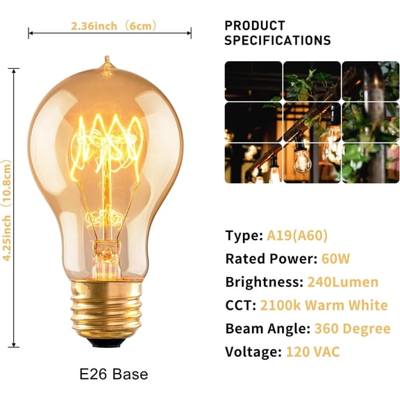 YNTVV-Warm Incandescent Light Bulbs 60 Watt,A19/A60 Vintage Style Edison Bulbs E26,Soft Yellow Light Bulbs,Amber Bulbs,Retro Light Bulb Old Fashioned,Halogen Dimmable Edison Bulb Squirrel Cage
