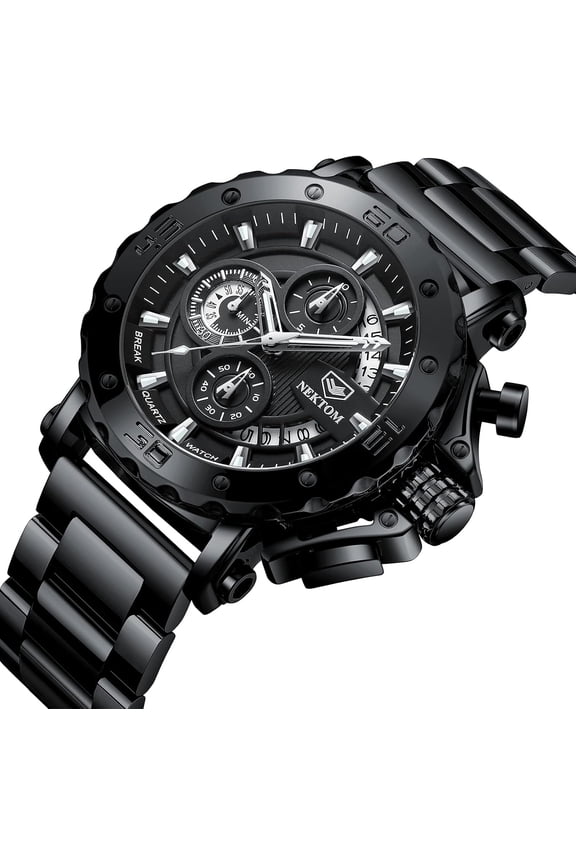 -Watches for Men with Stainless Steel, Quartz Analog Watch with Date, Luxury Minimalist Dress Mens Watches, Chronograph Watch, 3ATM Waterproof, Black Wristwatch, Gifts for Men
