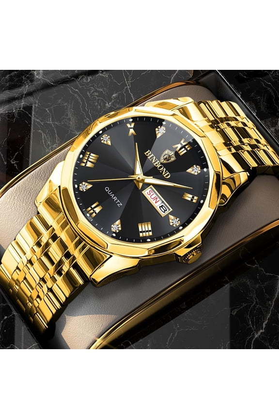-Watches for Men Luxury Diamond Business Dress Analog Quartz Stainless Steel Waterproof Luminous Date Two Tone Casual Wrist Watch