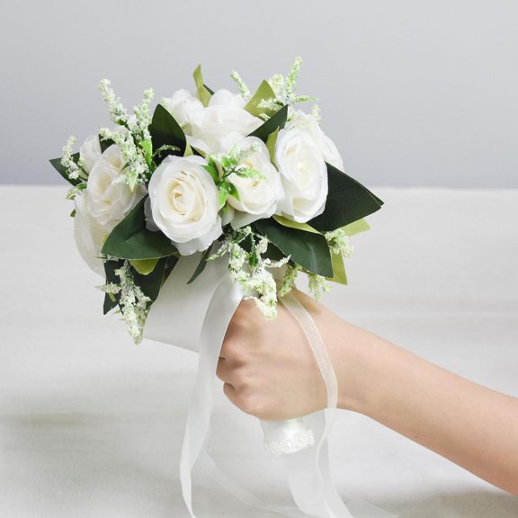 YNTVV-Wedding Bouquets for Bride Bridesmaid Bouquet Ivory Bridal Bouquet Artificial Roses for Wedding Church Home Decoration (Ivory)