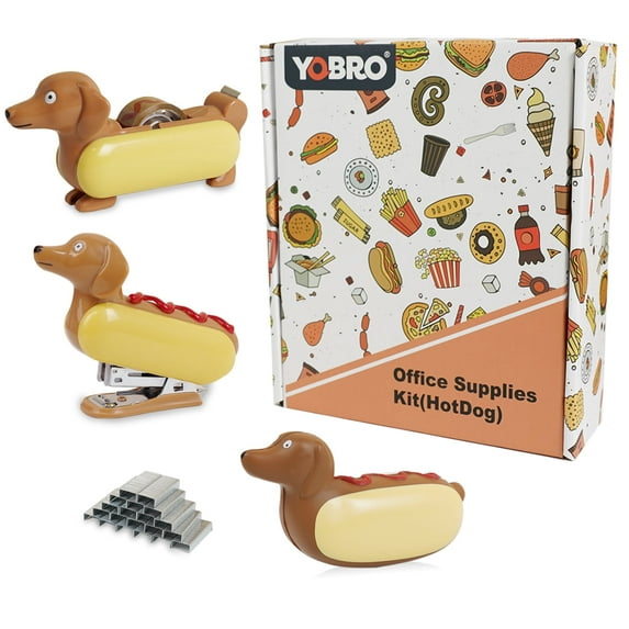 YOBRO Desk Stapler Set,Office Supply Kit Includes Tape Dispenser & Mini Stapler,Miniature Dachshund Hot Dog Design with Squeezing Toy