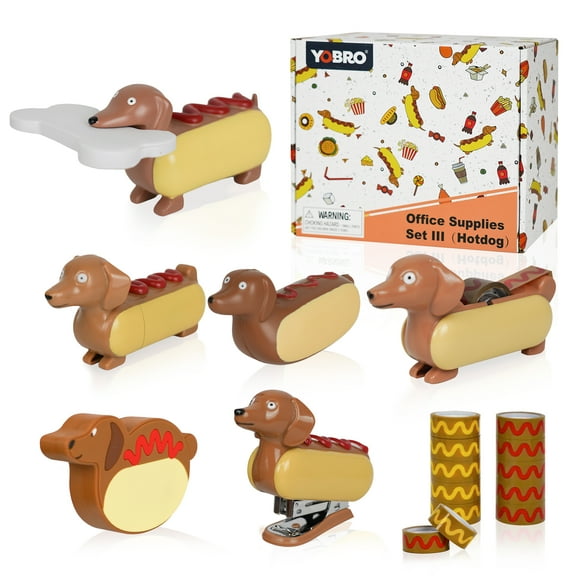 YOBRO Office Supplies Set, Fun Office Supplies Pack, Including Sticky Note Holder and Sticky Notes, Mini Pencil Sharpener, Paperclip Pack, Mini Dachshund Dog Hot Dog Design Squeezing Toy