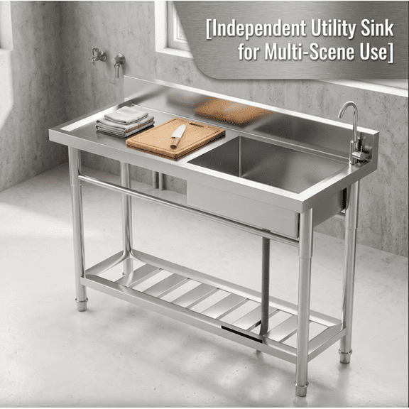 YOCOA Freestanding Sink 360 Swivel Faucet Basin Workbench Rust Resistant Bowl Utility Sink Large Countertop for Catering Shop Silver