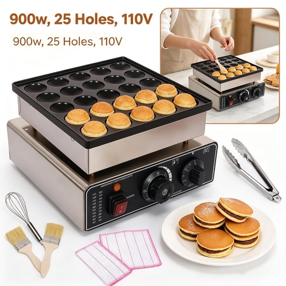 YOCOA Mini Pancake Maker 1.7 Inch Standard Size Dutch Pancake Maker Non-Stick Coating Electric Dorayaki Machine 900W Even Heating for Coffee Shop Silver
