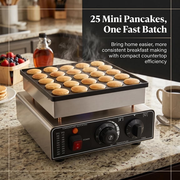 YOCOA Mini Pancake Maker 1000W High Power Dutch Pancake Maker 1.7 Inch Large Hole Electric Dorayaki Machine 25 Holes Fast Output for Breakfast Shop Silver