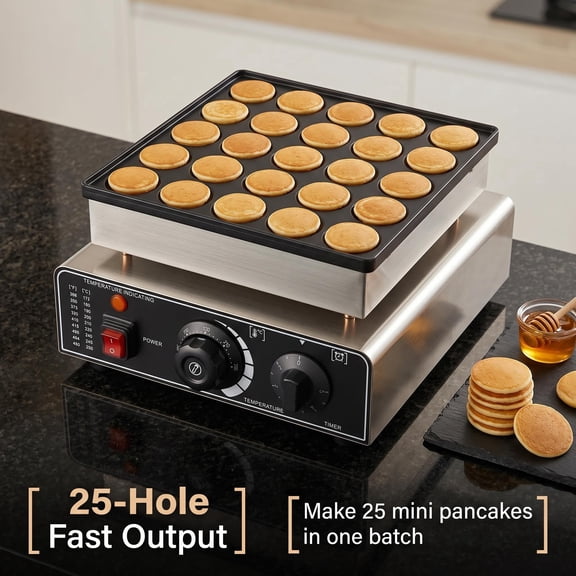YOCOA Mini Pancake Maker 25 Holes Large Capacity Dutch Pancake Maker Non-Stick Coating Electric Dorayaki Machine Fast Heating for Breakfast Shop Silver
