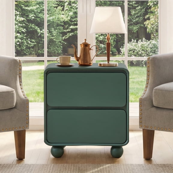 YOCWO 2 Drawer Nightstand for Bedroom, Mid Century Bedside Table with Arc Edge and Round Leg, Wood Storage Chest of Drawer Organizer for Bedroom Living Room Hallway Closet, Green