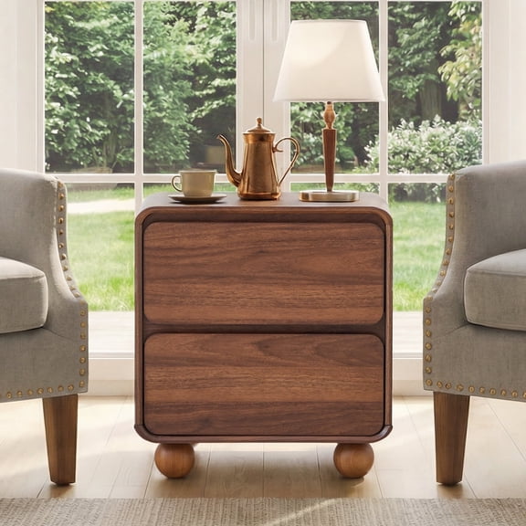 YOCWO 2 Drawer Nightstand for Bedroom, Mid Century Bedside Table with Arc Edge and Round Leg, Wood Storage Chest of Drawer Organizer for Bedroom Living Room Hallway Closet, Walnut