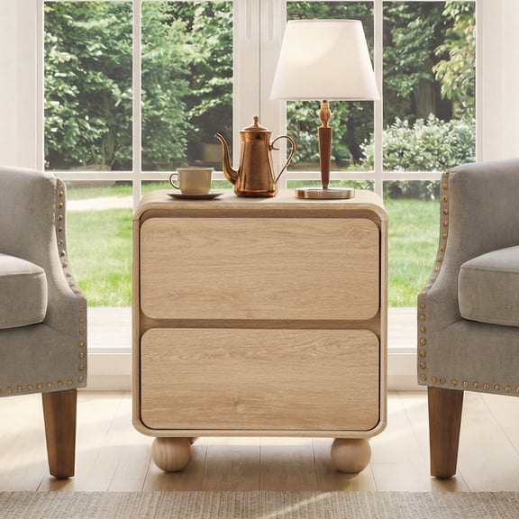 YOCWO 2 Drawer Nightstand for Bedroom, Mid Century Bedside Table with Arc Edge and Round Leg, Wood Storage Chest of Drawer Organizer for Bedroom Living Room Hallway Closet, Natural
