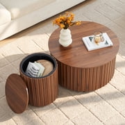 YOCWO 2-Piece Round Nesting Coffee Table Set with Hidden Storage, 29" Modern Fluted Coffee Table & 15.7" Side Table, Farmhouse Wooden Circle Tables for Living Room, Bedroom, Small Apartment, Walnut
