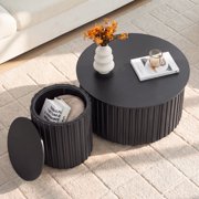 YOCWO 2-Piece Round Nesting Coffee Table Set with Hidden Storage, 29" Modern Fluted Coffee Table & 15.7" Side Table, Farmhouse Wooden Circle Tables for Living Room, Bedroom, Small Apartment, Black