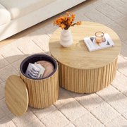 YOCWO 2-Piece Round Nesting Coffee Table Set with Hidden Storage, 29" Modern Fluted Coffee Table & 15.7" Side Table, Farmhouse Wooden Circle Tables for Living Room, Bedroom, Small Apartment, Oak