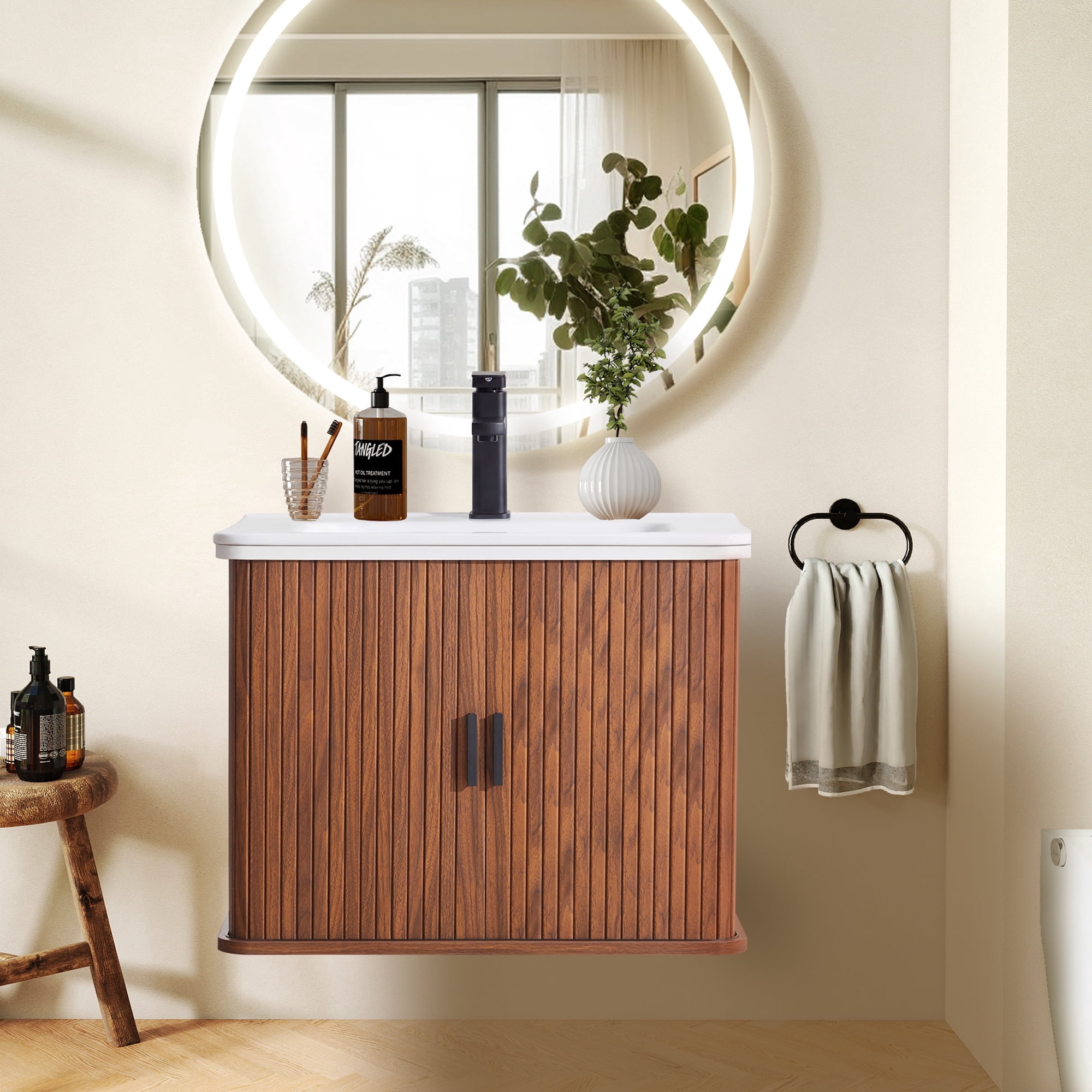 YOCWO 24" Bathroom Vanity with Sink Top, Wall Mounted Cabinet for the Washbasin with Sliding Door and Storage, Walnut