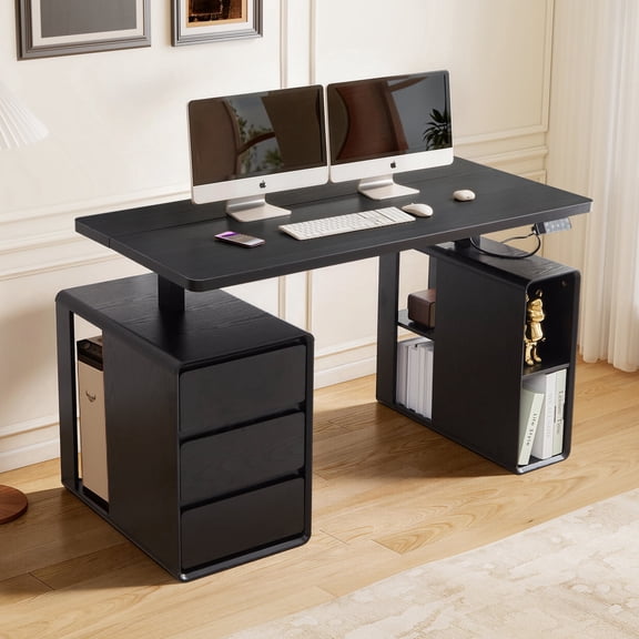 YOCWO 3 in 1 Electric Standing Desk with 3 Drawer and Open Storage Cabinet, Adjustable Height Desk with Digital Screen, Office Writing & Gaming Desk, Black