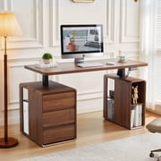 YOCWO 3 in 1 Electric Standing Desk with 3 Drawer and Open Storage Cabinet, Adjustable Height Desk with Digital Screen, Office Writing & Gaming Desk, Walnut
