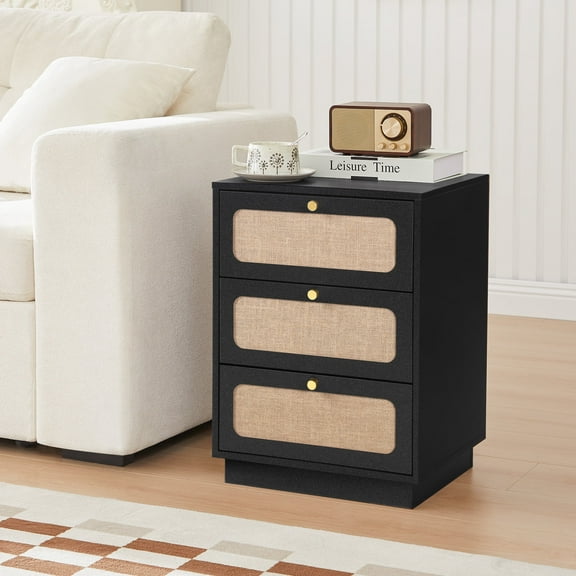 YOCWO 3 Drawer Dresser for Bedroom, Linen Nightstand Chest of Drawer, Black