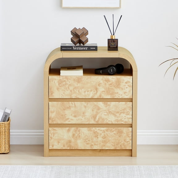 YOCWO 3 Drawer Nightstand with Burl Wood Finish, Bedside Table with Curve Edge for Bedroom, Natural