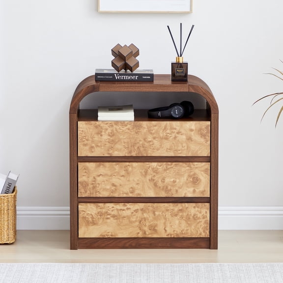 YOCWO 3 Drawer Nightstand with Burl Wood Finish, Bedside Table with Curve Edge for Bedroom, Walnut